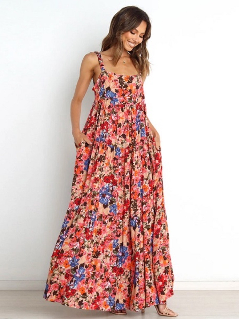 Petal & Pup Pink Floral Maxi Dress with Blue & Red Accents